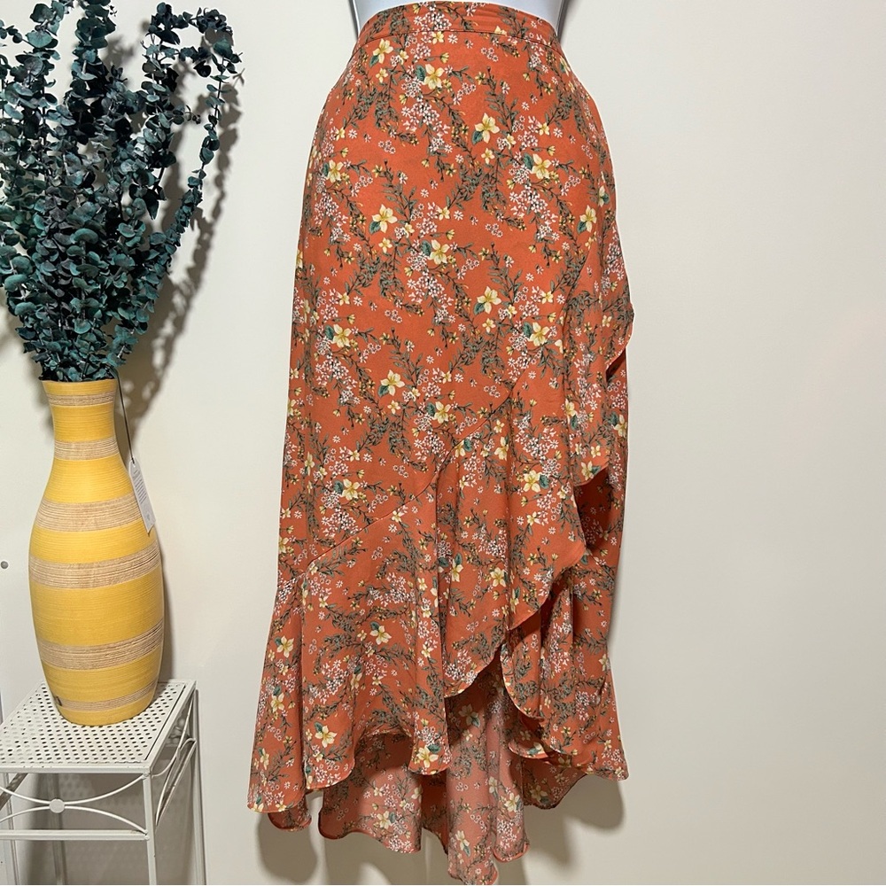 Max Studio coral Maxi faux Wrap Skirt with Ruffled Asymmetrical Hem